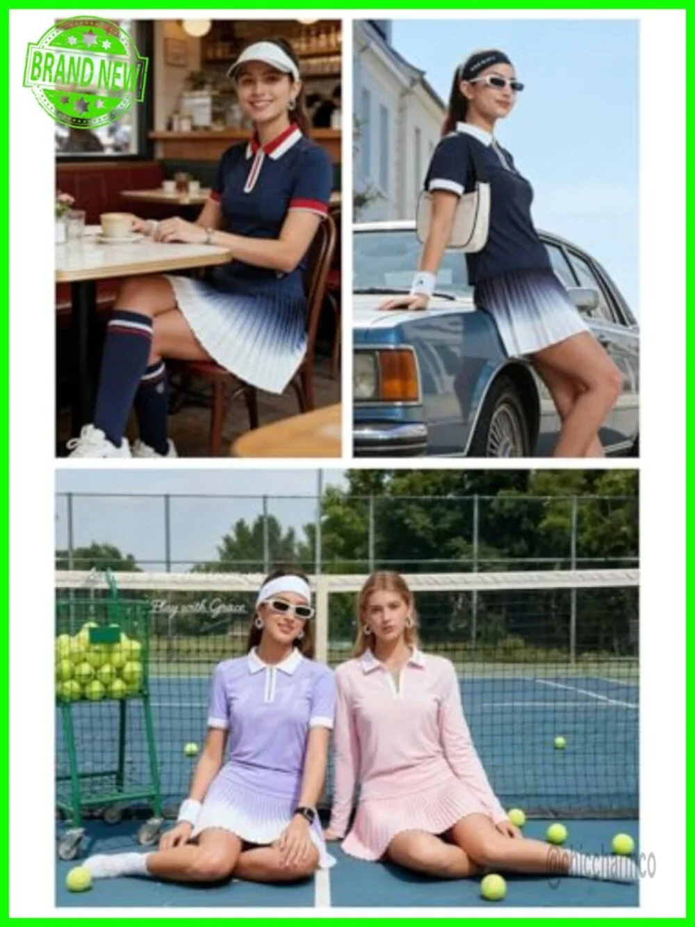 2 Piece Tennis Skort Set with Built-in Shorts, Pleated A-Line, Zipper Polo Top,